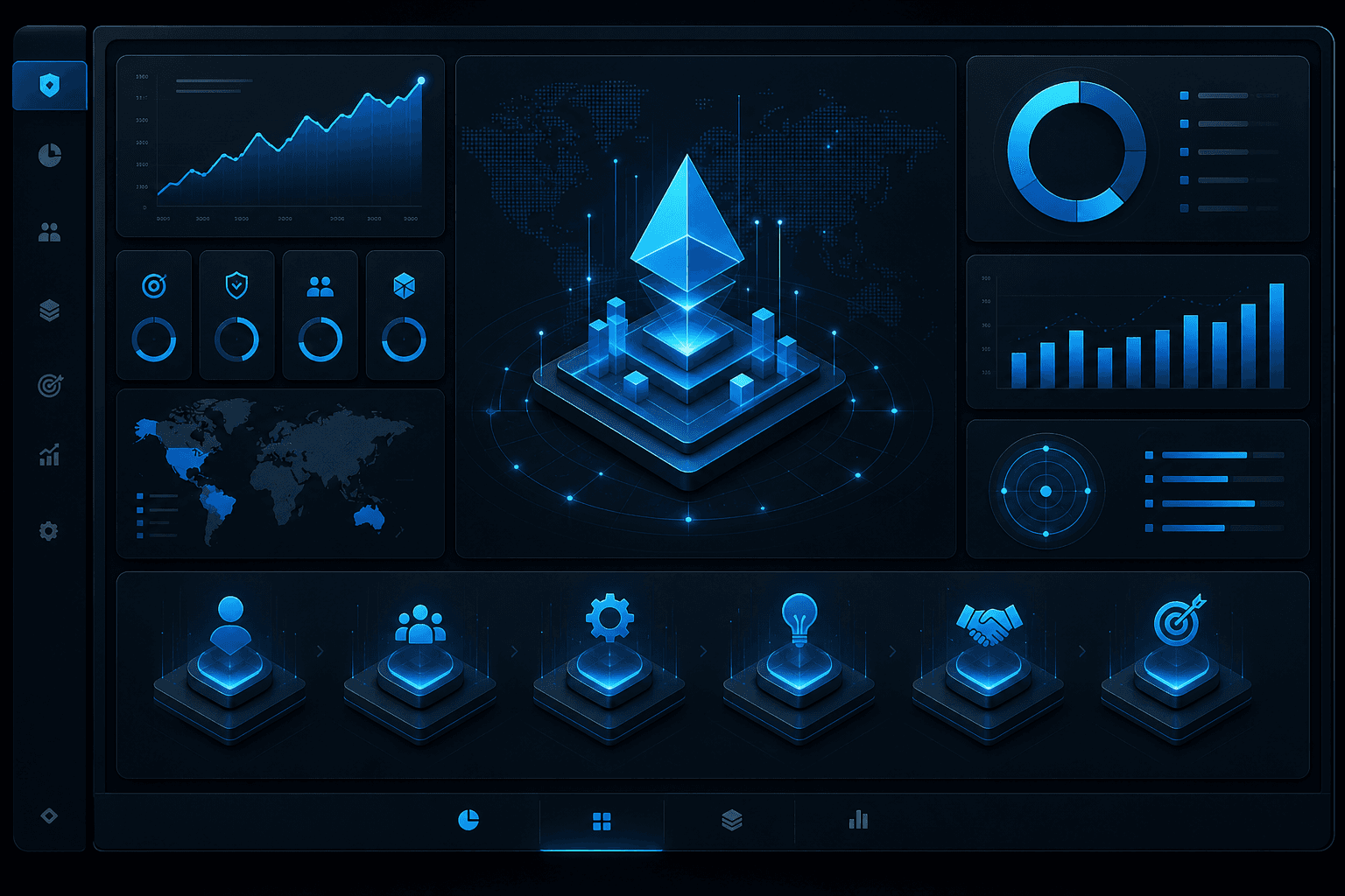 Executive dashboard with glowing AI metrics
